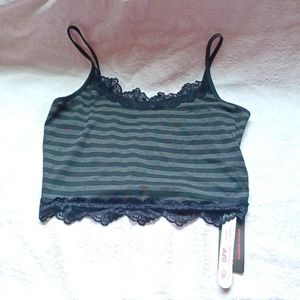 NWT Romwe crop tank top sz Large gray & black stripes lace goth crop top layer